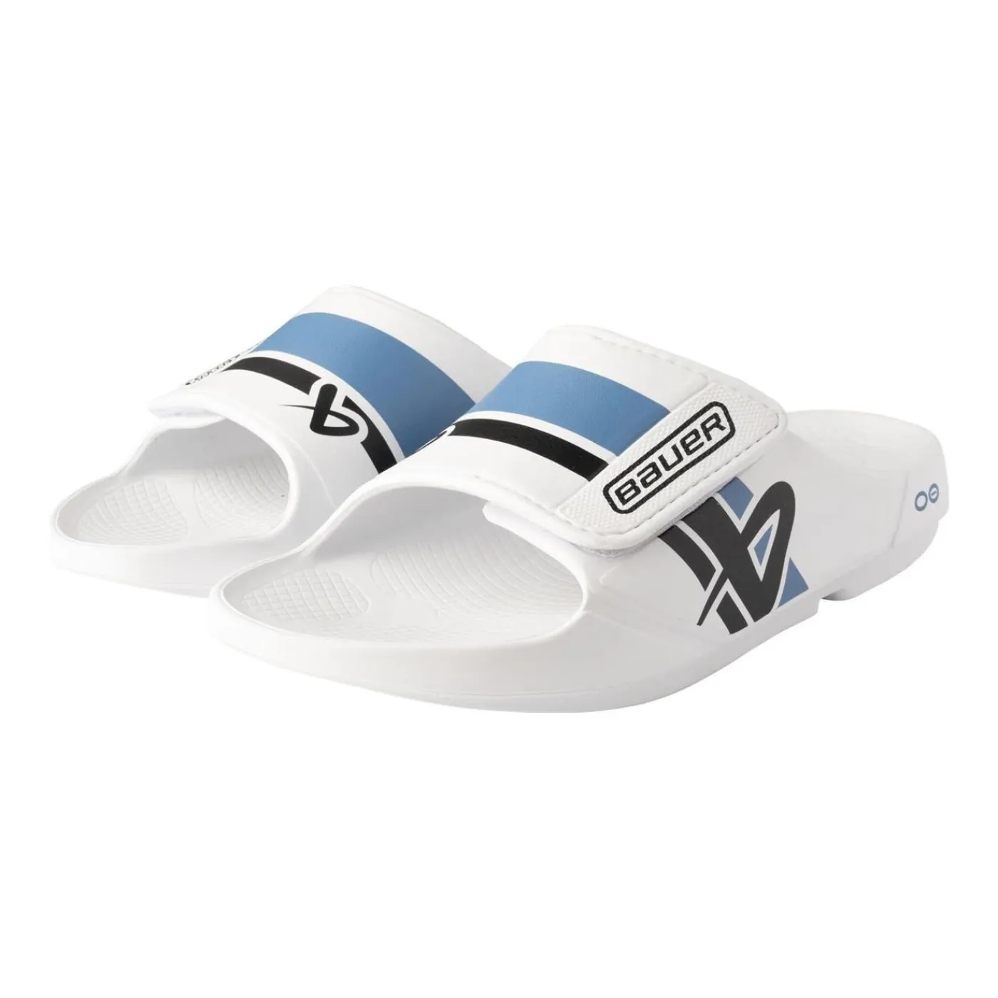 Online Tofflor OOFOS Slide Sport Flex White/Blue Badtofflor Bauer